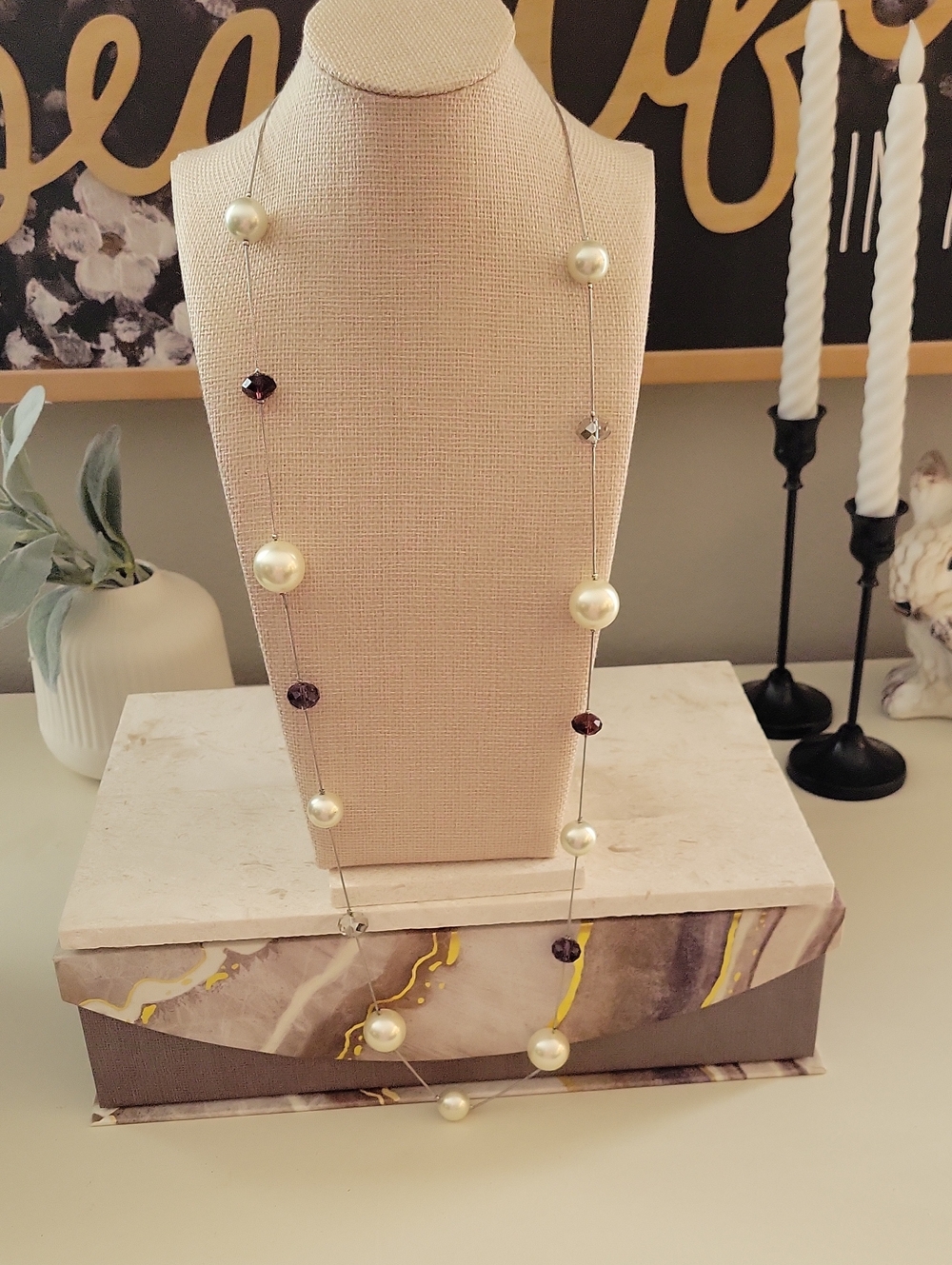 Cezanne Pearl and Garnet Station Long Necklace